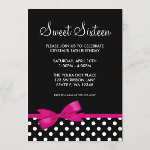 Pink and Black Polka Dots Bow Sweet 16 Birthday Invitation
