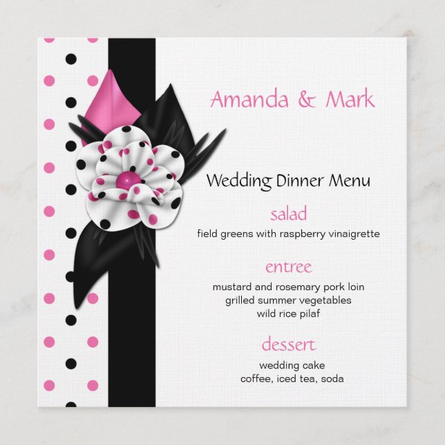 Pink and Black Polka Dots Wedding Menu (Front)