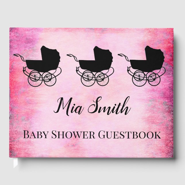 Pink and black pram girl baby shower guest book (Front)