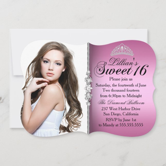 Pink and Black Princess Tiara Sweet 16 Birthday Invitation (Front)