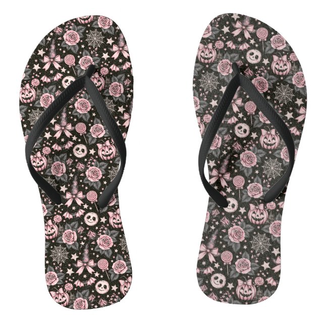 Pink and Black Pumpkin and Web Halloween Pattern Flip Flops (Footbed)