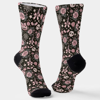 Pink and Black Pumpkin, Web and Rose Pattern Socks