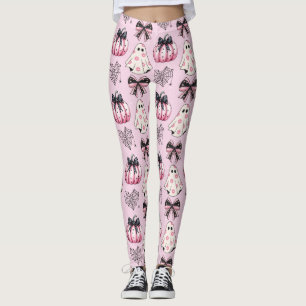 Pink and Black Pumpkins, Ghosts Halloween Leggings