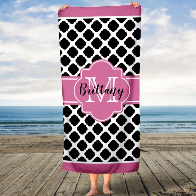 Pink and Black Quatrefoil Moroccan Monogram Towel (Creator Uploaded)