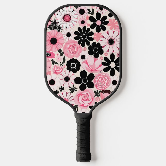 Pink and Black Retro Botanical Flowers Pattern Pickleball Paddle (Front)