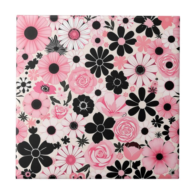 Pink and Black Retro Botanical Flowers Pattern Tile (Front)