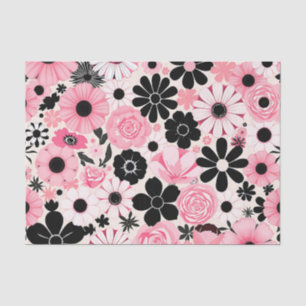 Pink and Black Retro Botanical Flowers Pattern Tissue Paper