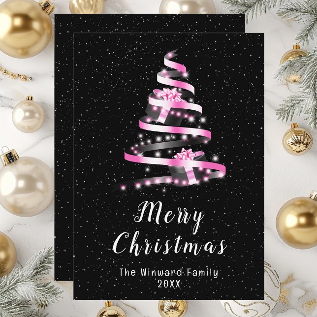 Pink and Black Ribbon Gift Merry Christmas Holiday Card (Creator Uploaded)