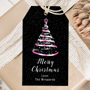 Pink and Black Ribbon Tree Merry Christmas Gift Tags