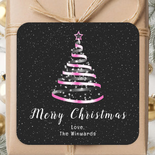 Pink and Black Ribbon Tree Merry Christmas Square Sticker