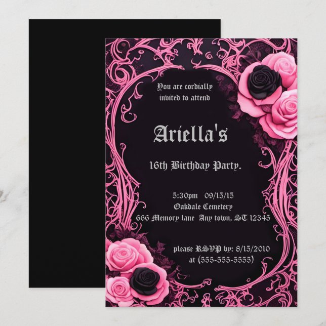 Pink and Black Rose Framed Sweet 16 Birthday Invitation (Front/Back)