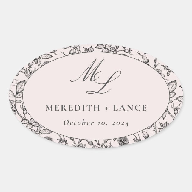 Pink and Black Rose Monogram Wedding Favour Oval Sticker (Front)