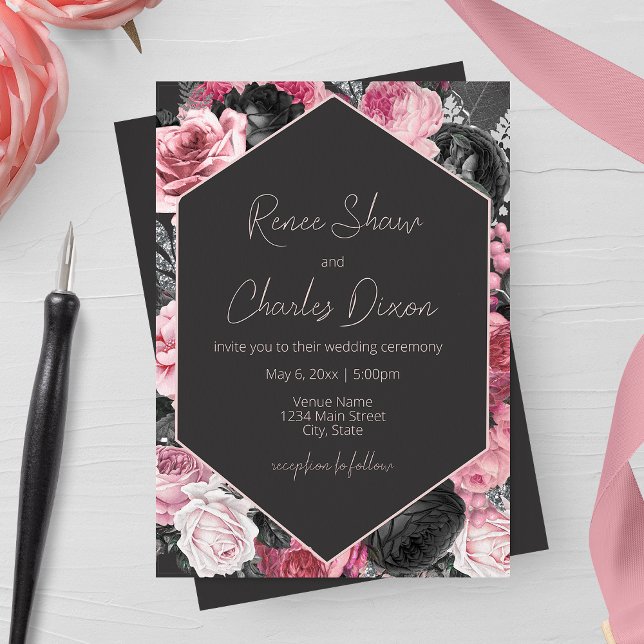 Pink and Black Roses Wedding Invitation (Creator Uploaded)