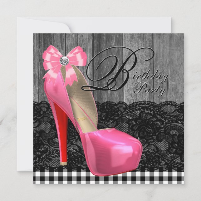 Pink and Black Rustic Barn Wood Birthday Party Invitation (Front)