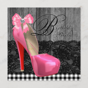 Pink and Black Rustic Barn Wood Birthday Party Invitation