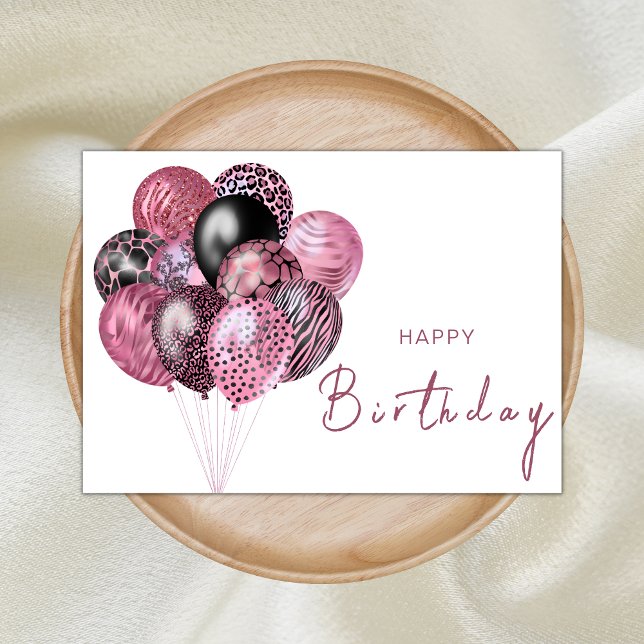Pink and Black Safari Balloons Happy Birthday Card (Creator Uploaded)