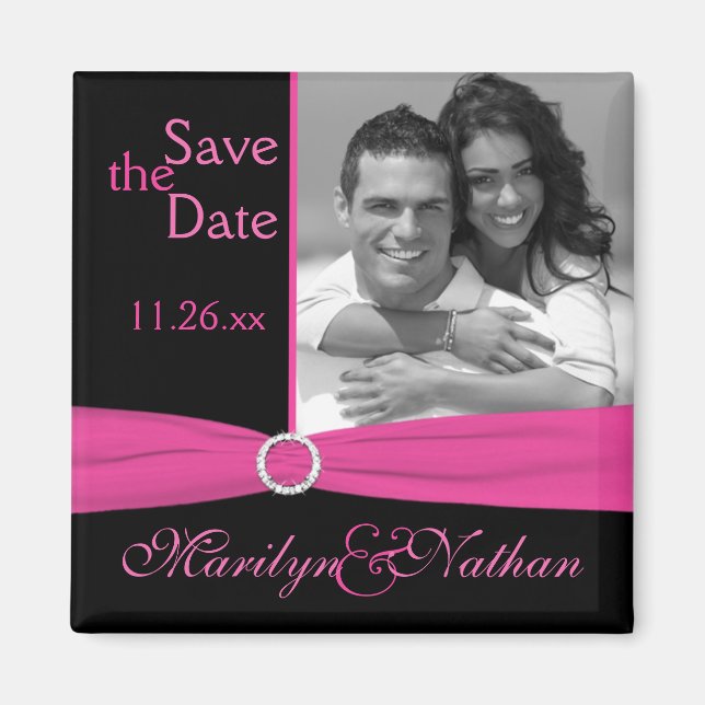 Pink and Black Save the Date Photo Magnet (Front)
