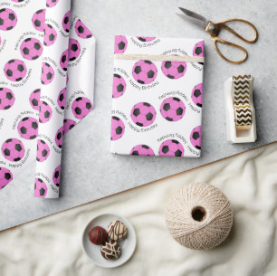 Pink and Black Soccer Ball Custom Text Wrapping Paper