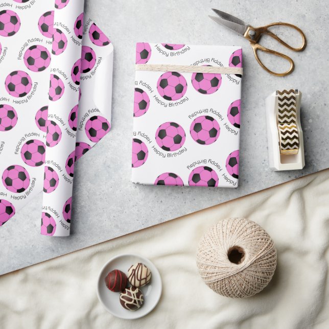 Pink and Black Soccer Ball Custom Text Wrapping Paper (Crafts)