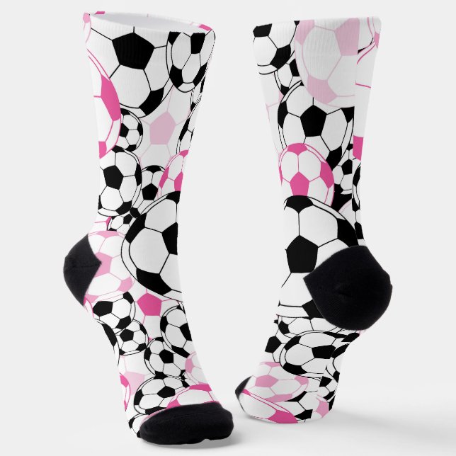 Pink and Black Soccer Ball Print Football Fan Socks (Angled)