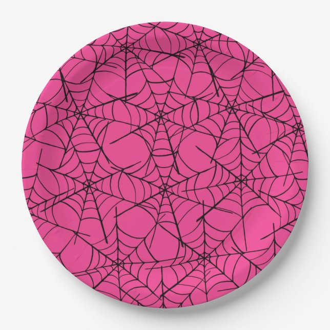 Pink and Black Spiderweb Halloween Paper Plate (Front)