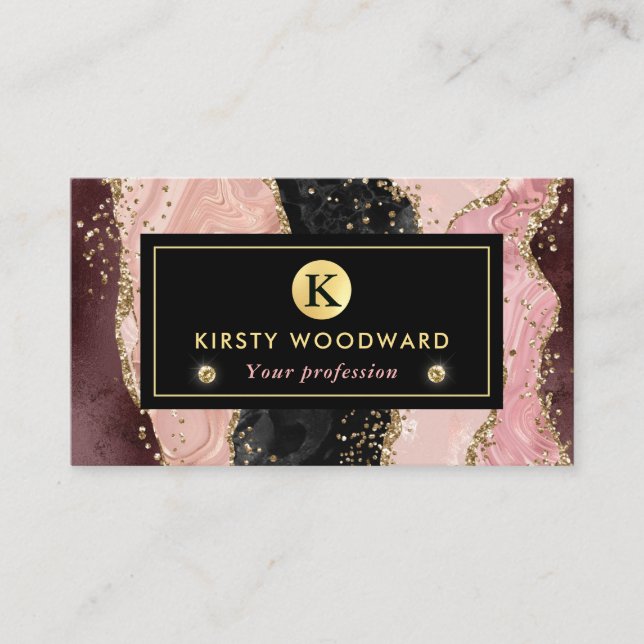 Pink and Black Stone with Gold Glitter Agate Business Card (Front)