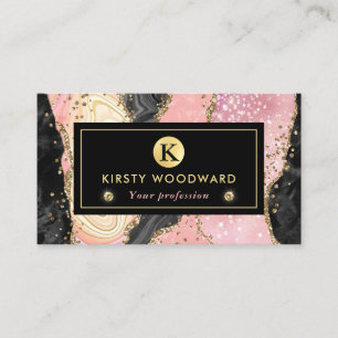 Pink and Black Stone with Gold Glitter Agate Business Card