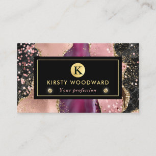 Pink and Black Stone with Gold Glitter Agate Business Card