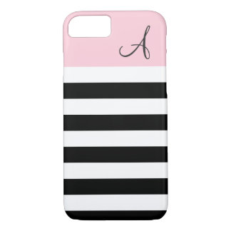 Pink and Black Striped Monogram iPhone 7 Case