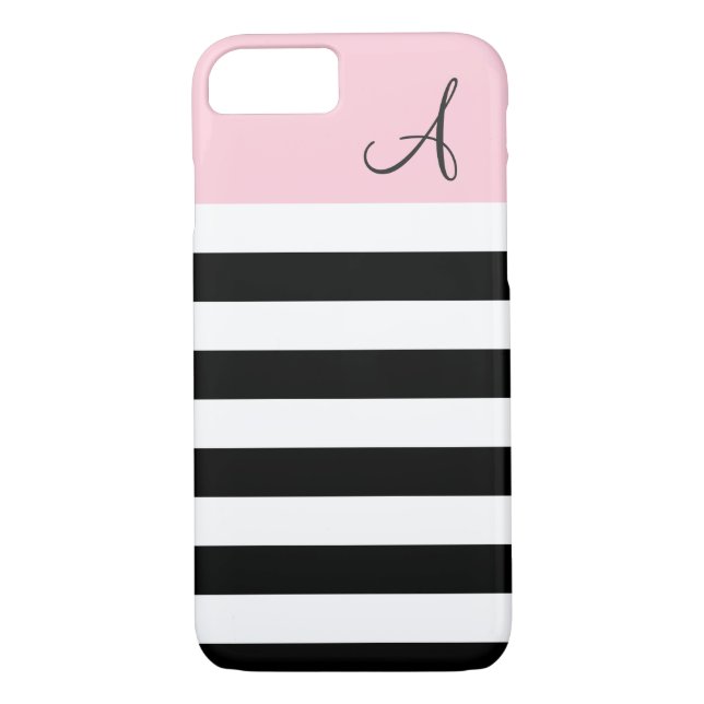 Pink and Black Striped Monogram iPhone 7 Case (Back)