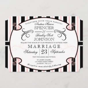 Pink and Black Striped Typography Wedding Invite