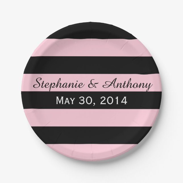 Pink and Black Striped Wedding Paper Plate (Front)