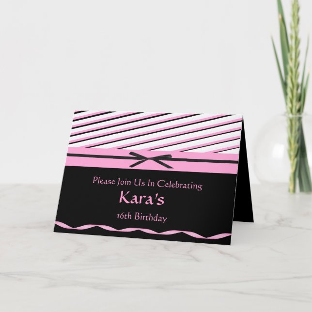 Pink and Black Striped with Bows Invitation (Front)