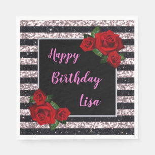 Pink And Black Stripes Glitter Red Roses Birthday Napkin