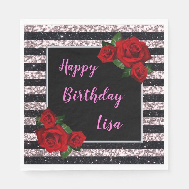 Pink And Black Stripes Glitter Red Roses Birthday Napkin (Front)