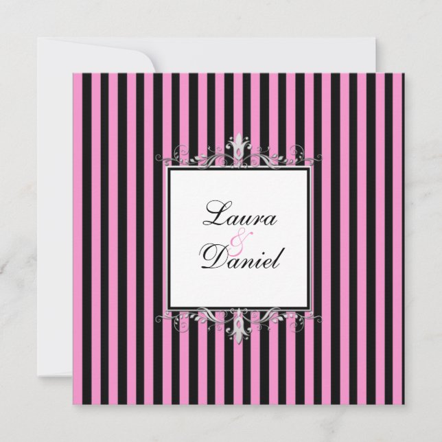 Pink and Black Stripes with Silver Scrolls Invitation (Front)