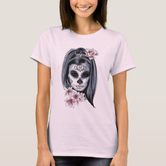 Pink and Black Sugar Skull Hippie Girl T-Shirt