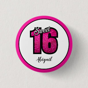 Pink and Black Sweet 16 Birthday Glitter Button