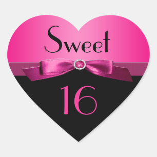 Pink and Black Sweet 16 Heart Shaped Sticker