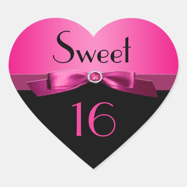 Pink and Black Sweet 16 Heart Shaped Sticker (Front)