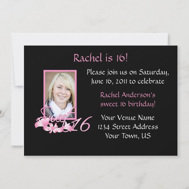 Pink and Black Sweet 16 Invitation (Front)