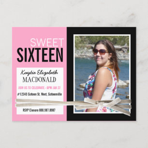 Pink and Black Sweet 16 Party with Photo Invitation Postcard