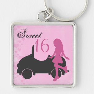 Pink and Black Sweet 16 Silhouette Girl with Car Key Ring