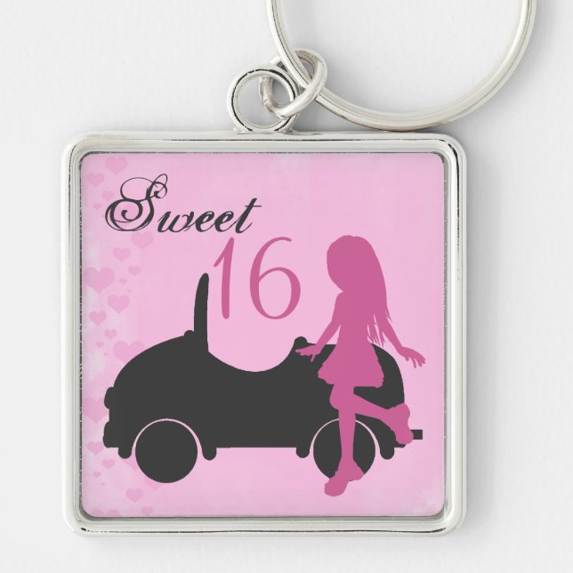 Pink and Black Sweet 16 Silhouette Girl with Car Key Ring (Front)