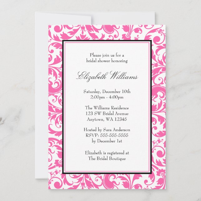 Pink and Black Swirl Damask Bridal Shower Invitation (Front)