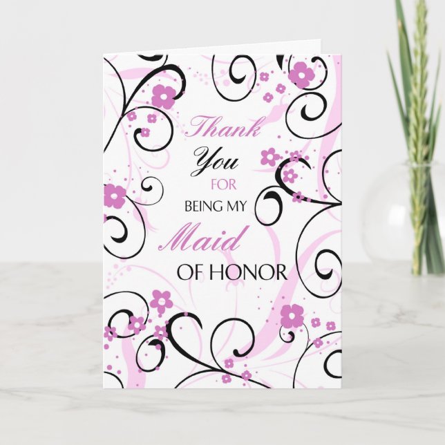 Pink and Black Thank You Maid of Honour Card (Front)