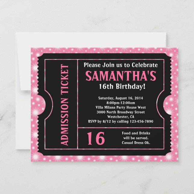 Pink and Black Ticket, Sweet 16 or Any Age Invitation (Front)