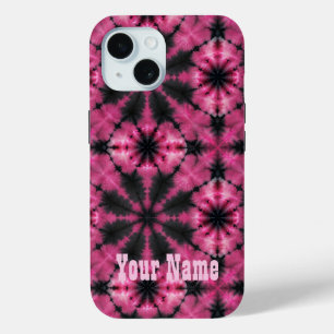 Pink and black tie dye personalized name iPhone 15 case