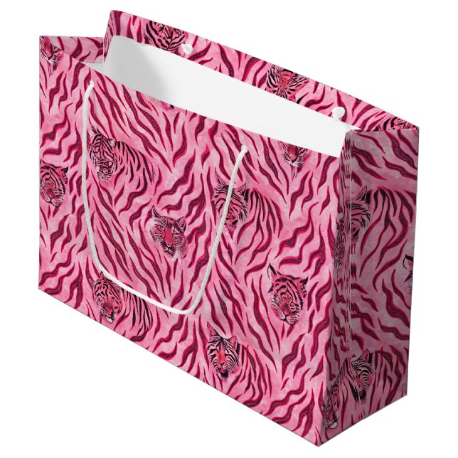 Pink and Black Tiger Print Pattern Large Gift Bag (Front Angled)