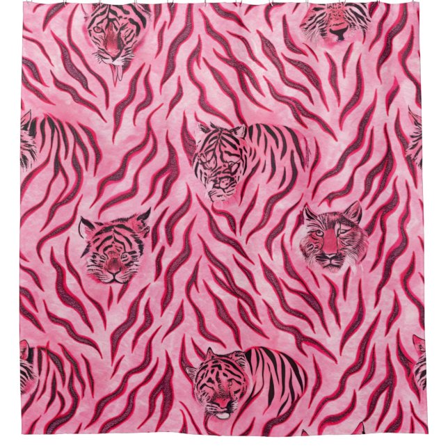 Pink and Black Tiger Print Pattern Shower Curtain (Front)